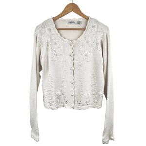 Vintage Beaded Pearl Floral Knit Cardigan Women S Ivory Embroider Bridal Crochet